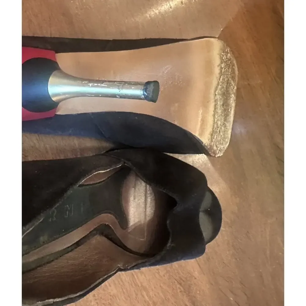 Vintage Marni Womens Suede Peep Toe Stiletto Slip On Pumps Colorblock Size 8.5